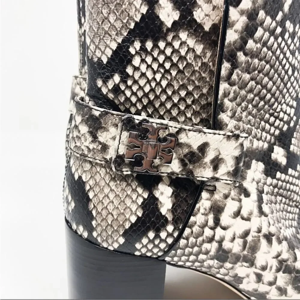 NEW Tory Burch Kira 70MM Bootie Stamped Snake Leather Grey Black in Warm Roccia